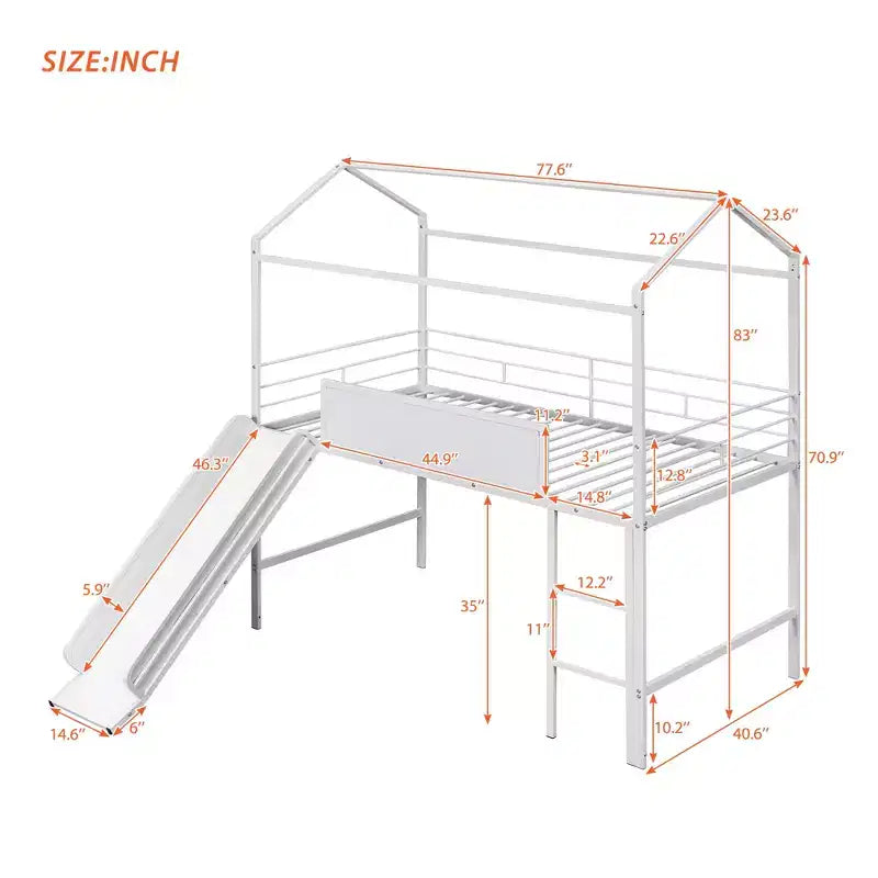 Lit mezzanine double avec toboggan et tableau d'écriture