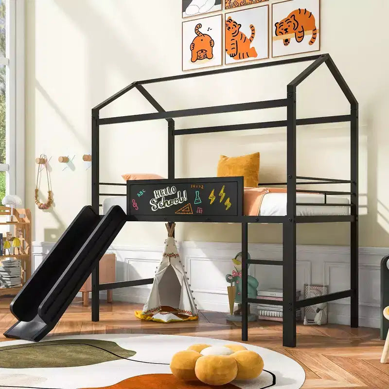Twin Size House Loft Bed with Slide and Writable Board; Sturdy Metal Frame with Fun Play Area - ModernLuxe